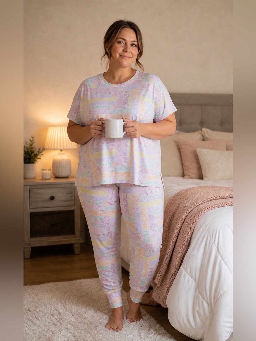 Plus-Size Pastel Printed Short-Sleeve Pajama Set - Lavender/Grey Sz 2X NWOT